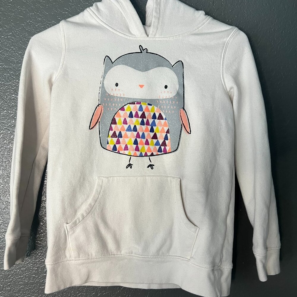 Circo Girls Hoodie L 10/12 White Pullover Sweatshirt Owl Graphic Kangaroo Pocket